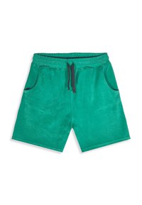 Shorts verts en tissu doux avec taille élastique, cordon noir et deux poches latérales sur fond blanc.