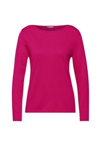 Tiimalasinsininen pitkähihainen toppi kirkkaassa pinkissä värissä, valmistettu sileästä puuvillakankaasta, jossa veneenmuotoinen pääntie ja resorireunukset, yksinkertaisella ja siistillä muotoilulla.