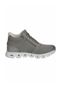 Scarpa sportiva grigia realizzata con un mix di materiali sintetici lisci e testurizzati, dotata di una cerniera laterale, lacci rotondi e una suola in gomma bianca.