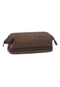 Borsa per articoli da toeletta in pelle marrone con forma arrotondata, chiusura con zip e logo sottile. Presenta una texture liscia e cuciture resistenti.