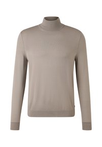 Pull col roulé beige clair, texture côtelée, manches longues, design ajusté, poignets et ourlet renforcés, fabriqué en tissu tricoté doux.