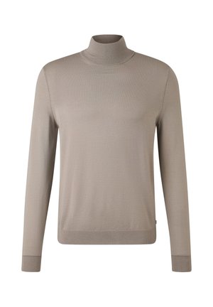 Pull col roulé beige clair, texture côtelée, manches longues, design ajusté, poignets et ourlet renforcés, fabriqué en tissu tricoté doux.