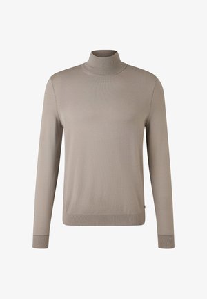 Helle beige Rollkragenpullover, gerippte Textur, lange Ärmel, taillierte Passform, verstärkte Bündchen und Saum, aus weichem Strickstoff gefertigt.