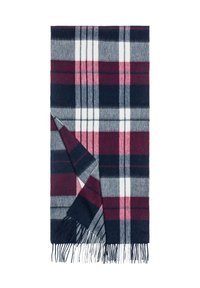 Plaid wool scarf featuring dark navy, burgundy, gray, pink, and white colors with fringed edges and a soft texture.