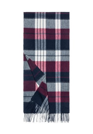 Plaid wool scarf featuring dark navy, burgundy, gray, pink, and white colors with fringed edges and a soft texture.