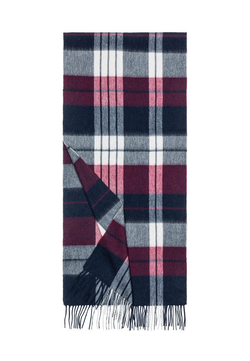 Plaid wool scarf featuring dark navy, burgundy, gray, pink, and white colors with fringed edges and a soft texture.