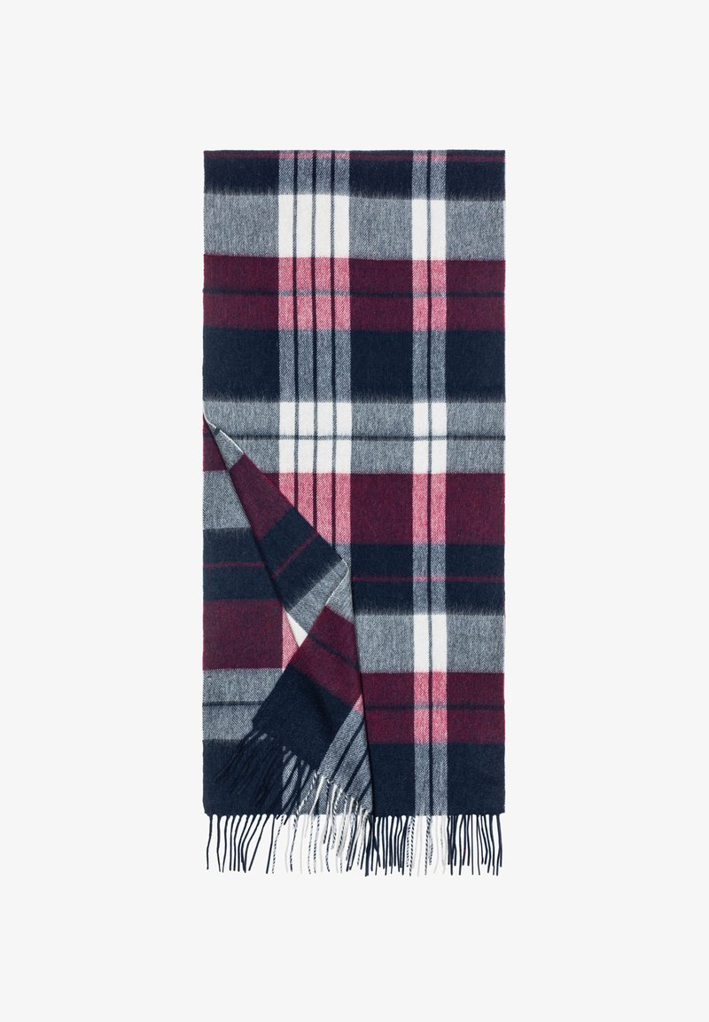 Plaid wool scarf featuring dark navy, burgundy, gray, pink, and white colors with fringed edges and a soft texture.