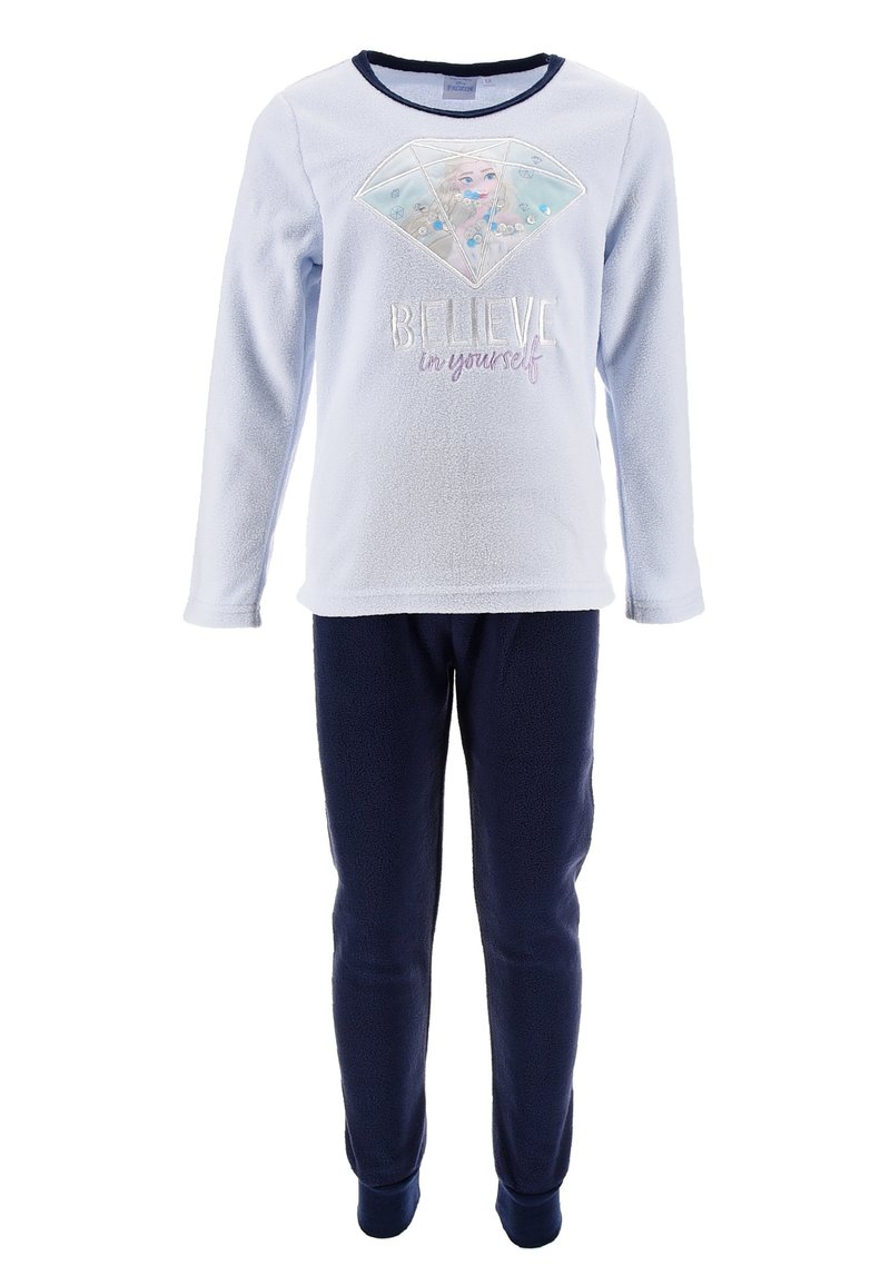 Camiseta de manga larga de forro polar azul claro con un gráfico en forma de diamante y el texto "CREER en ti mismo", combinada con pantalones de forro polar azul marino.