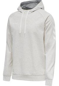 Ljusgrå hoodie gjord av mjukt tyg, med en frampocket, dragsko på huvan och en vit logotyp på bröstet med chevron-accenter på ärmarna.