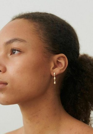 Noor naine lokkis juustega, mis on tagant kinni keeratud, kannab kuldset ripptõrvat kolme ühendatud tilgavormiga, vaadates vasakule ühevärvilise tausta ees.