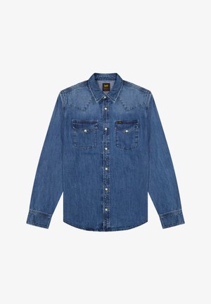 Sinine teksast pikkade varrukatega nööpidega pluus kahe rinnatasku ja terava õmblusega yoke'i detailiga, paremal taskul väike Lee kaubamärgiga silt.