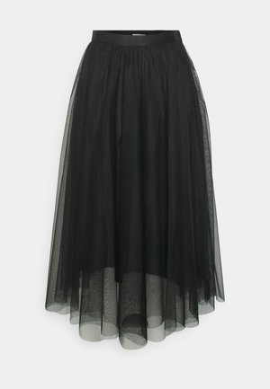 Black tulle skirt with a fitted waistband, layered design, and a sheer texture. Length reaches mid-calf, featuring a smooth inner lining.