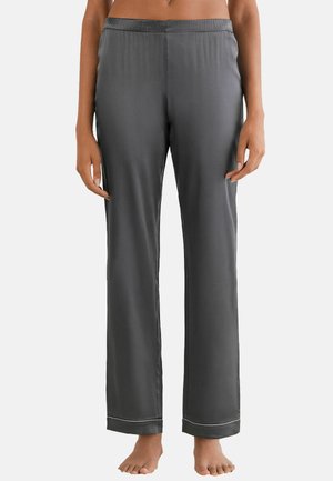 Grå satin pyjamasbyxor med avslappnad passform, som har resårmidja och kontrasterande kant vid fållen. Slät textur.