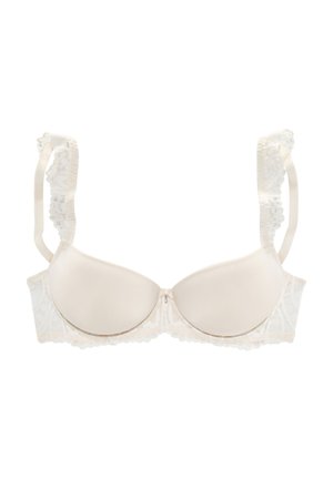 Soutien-gorge crème avec dentelle, rembourré et doté de bretelles réglables, et d'un nœud au centre. Tissu lisse avec des accents de dentelle florale.