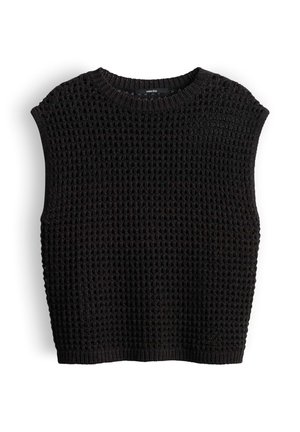 Gilet maglione nero senza maniche con motivo a cialda testurizzato e scollo rotondo e orlo a coste.