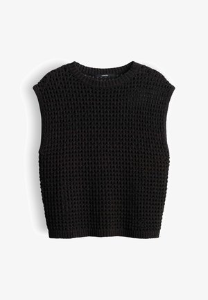 Gilet sans manches en maille noire avec un motif gaufré texturé et un col rond côtelé ainsi qu’un ourlet côtelé.