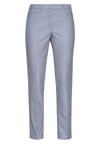 Op maat gemaakte broek in lichtblauw met een geruit patroon; heeft twee voorzakken en een slim fit ontwerp. Gemaakt van een soepele stof.