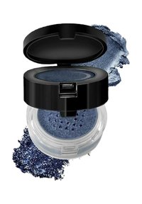Marinblå löspigment i en genomskinlig, rund behållare med ett svart, gångjärnsförsett lock. Texturerat pulver spills vid sidan, vilket förstärker färgens djup.