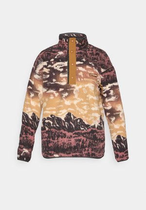 Fleece pullover with high collar, button placket, chest pocket, and mountain landscape pattern in brown, beige, and black tones.
