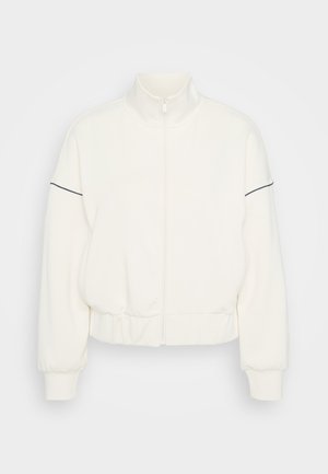 White zip-up jacket with a high collar, elastic cuffs, and waistband. Features slim black accents along the sleeves for contrast.