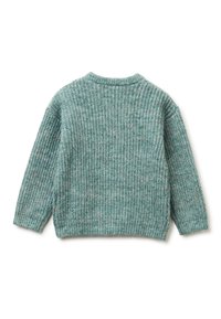 Maglione verde a maglia testurizzata con maniche lunghe, scollo rotondo e sottili macchie multicolori distribuite nel tessuto.