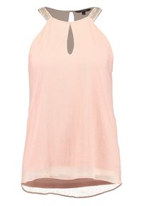 Light pink sleeveless top with a pleated texture, keyhole neckline, and embellished shoulder straps. Soft fabric with a relaxed fit.
