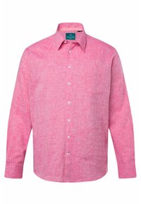 Maglietta button-up a maniche lunghe di un rosa chiaro, realizzata in tessuto testurizzato. Presenta una piccola tasca sul petto e bottoni bianchi. Design casual.