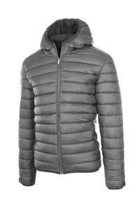 Giacca a vento grigia trapuntata con cappuccio, zip frontale e tasche laterali con zip, presentata su uno sfondo bianco.