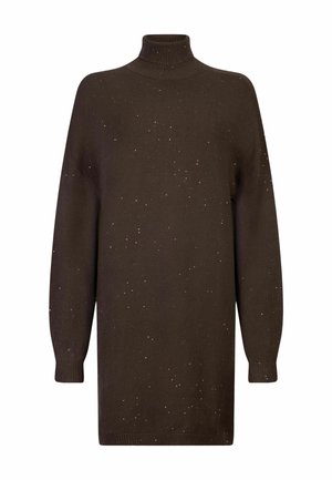 Suéter marrón con un cuello alto, corte oversized, mangas largas y motas ligeras dispersas. Fabricado en un material suave y de punto.