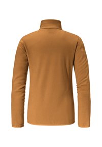 Fleece-Pullover in warmem Braun, mit hohem Kragen und langen Ärmeln, glatter Textur und ohne sichtbare Logos oder Muster.