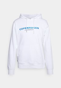 Sudadera blanca con bolsillo tipo canguro, capucha con cordón y texto azul que dice "COPENHAGUE LIIDBERGH" en la parte frontal.