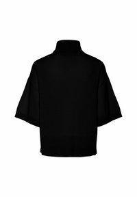 Czarny sweter z wysokim, prążkowym kołnierzem i szerokimi rękawami. Teksturowana tkanina o skróconym fasonie, bez widocznych wzorów ani detali hardware.