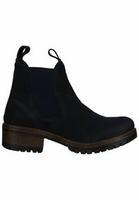 Botas de ante azul marino hasta el tobillo con un panel lateral de elastano texturizado, puntera redondeada y tacón de madera, que cuentan con una suela de dentado para mayor agarre.