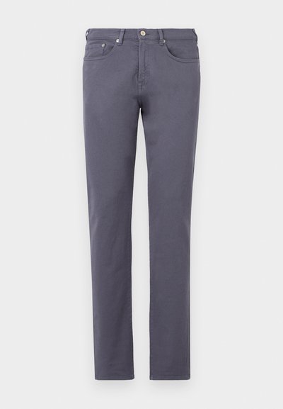 Slim-fit, grå bomullschinos med framfickor och knappstängning. Har en jämn struktur och standardavslut. Inga synliga mönster.