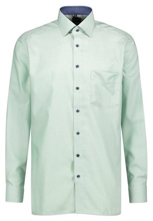 Vaaleanvihreä miesten pitkähihainen kauluspaita, jossa on siniset napit, vasemmalla puolella etutasku ja sininen kuvioitu kauluksen sisävuori.