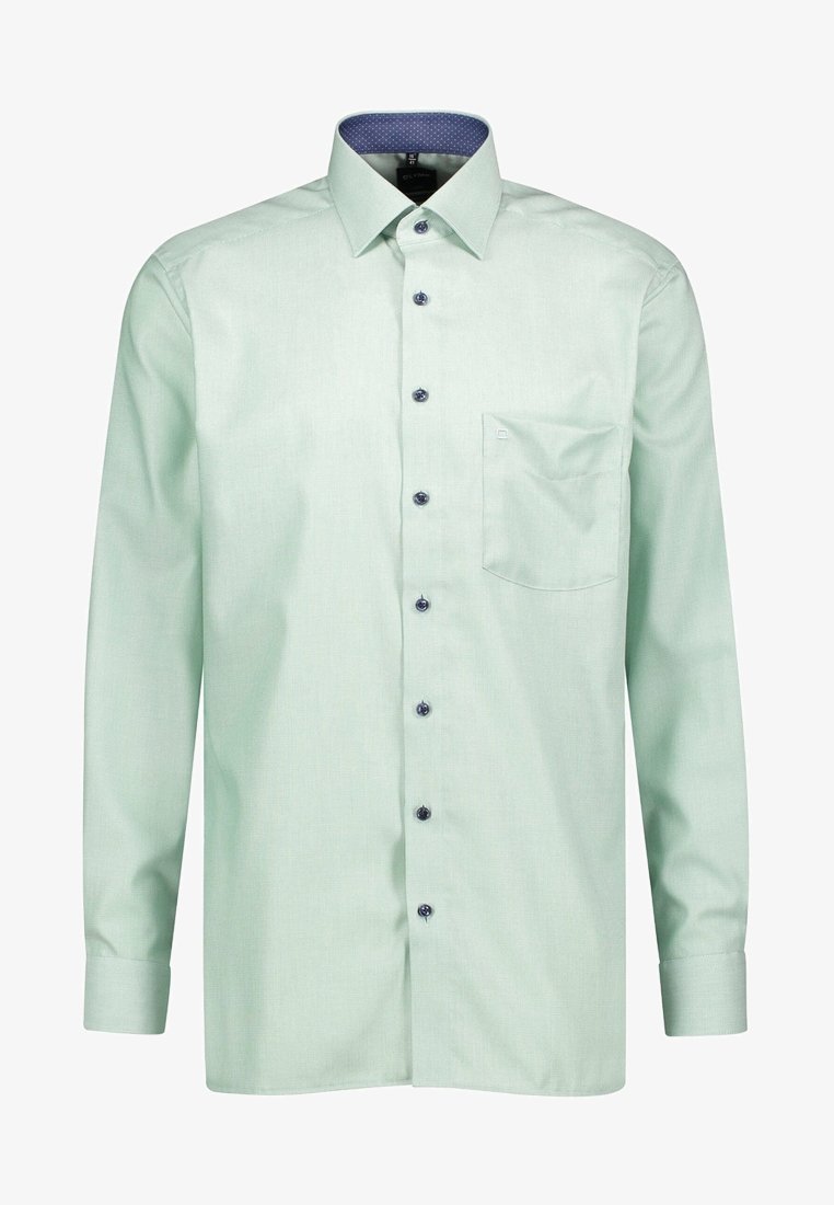 Chemise habillée pour homme à manches longues de couleur vert clair, avec des boutons bleus, une poche avant sur le côté gauche et une doublure intérieure du col à motif bleu.