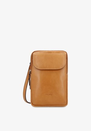 Petit sac bandoulière compact en cuir fauve avec poche avant à rabat, fermeture éclair et bracelet, marqué "PICARD" à l'avant.