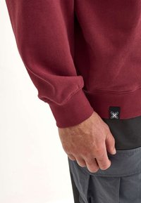 Felpa bordeaux con polsini a coste, caratterizzata da una patch nera sul fondo. Tessuto morbido e vestibilità comoda. Indossata sopra dei pantaloni grigi.