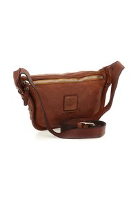 Borsa a tracolla in pelle marrone con tasca frontale con zip, tracolla regolabile e etichetta con il marchio "Campomaggi" su sfondo bianco.