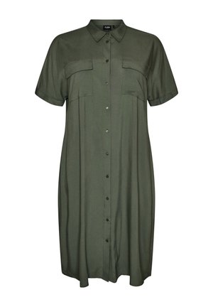 Šaty košeľového strihu s krátkym rukávom v olivovo zelenej farbe, so zapínaním na gombíky, dvoma náprsnými vreckami a špicatým golierom.
