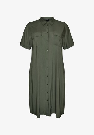Olivengrøn kortærmet skjortekjole med knapper og to brystlommer samt spidst krave.