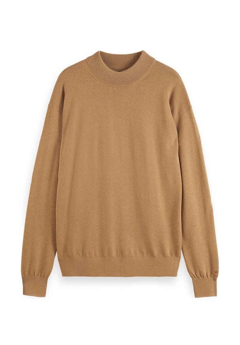 Brown pullover sweater made of soft knit material. Features a high neckline, dropped shoulders, and ribbed cuffs and hem.