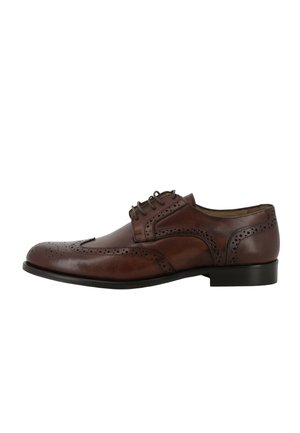 Scarpa brogue da uomo in pelle marrone con dettagli traforati e suola nera, mostrata di profilo su sfondo bianco.