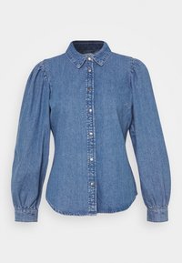 Chemise en denim bleu profond avec un boutonnage à l'avant, un col pointu et des manches longues bouffantes. Texture lisse avec une coupe légèrement ajustée.