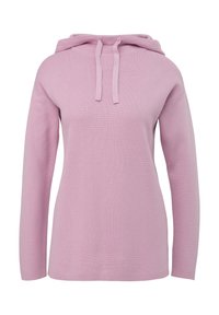 Sweat à capuche rose clair à manches longues avec cordons, tricot doux texturé, coupe ajustée, présenté de face sur fond blanc.