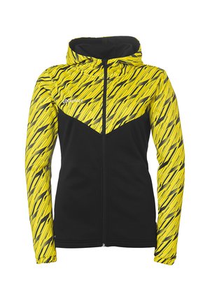 Gevoerde jack met een zwarte romp, levendige gele mouwen met een patroon en zwarte accenten, volledige ritsluiting en een sportieve snit.