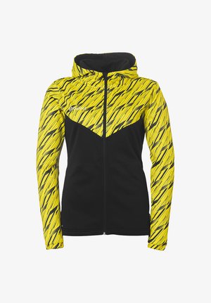 Gevoerde jack met een zwarte romp, levendige gele mouwen met een patroon en zwarte accenten, volledige ritsluiting en een sportieve snit.