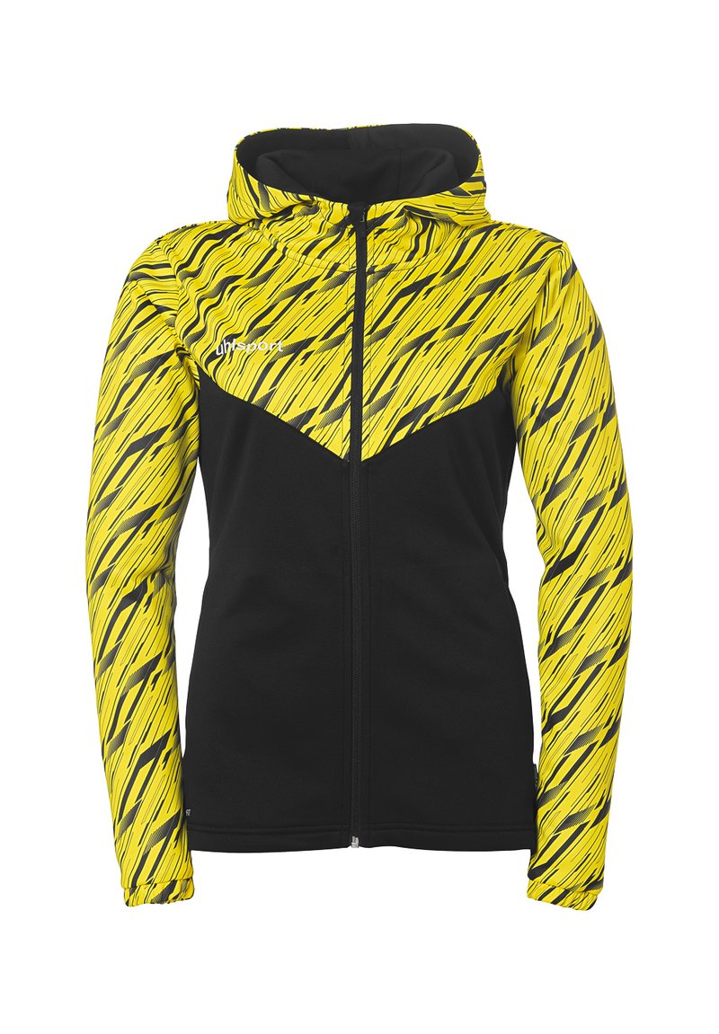 Hættejakke med en sort krop, livlige gule mønstrede ærmer med sorte detaljer, fuld lynlåslukning og atletisk snit.
