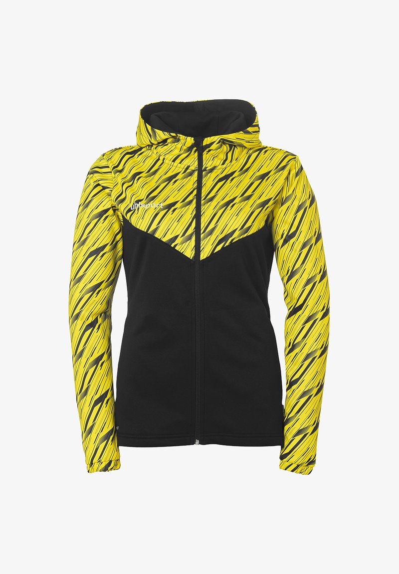 Hættejakke med en sort krop, livlige gule mønstrede ærmer med sorte detaljer, fuld lynlåslukning og atletisk snit.