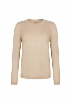 Beiger Langarm-Pullover mit Rundhalsausschnitt, gerippten Bündchen und Saum, dargestellt vor einem einfarbigen weißen Hintergrund.